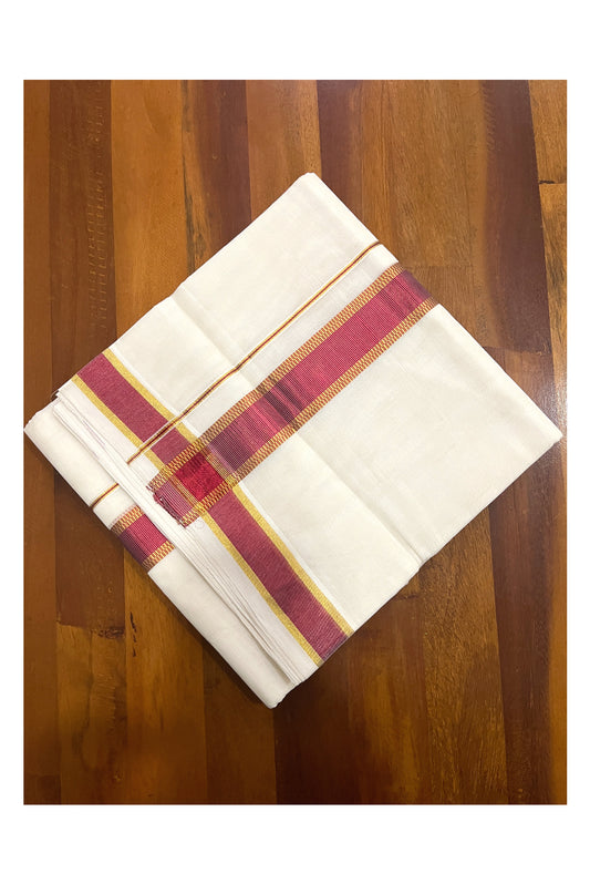 Southloom Premium Handloom Cotton Double Mundu with Golden and Maroon Kasavu Design Border (South Indian Kerala Dhoti)