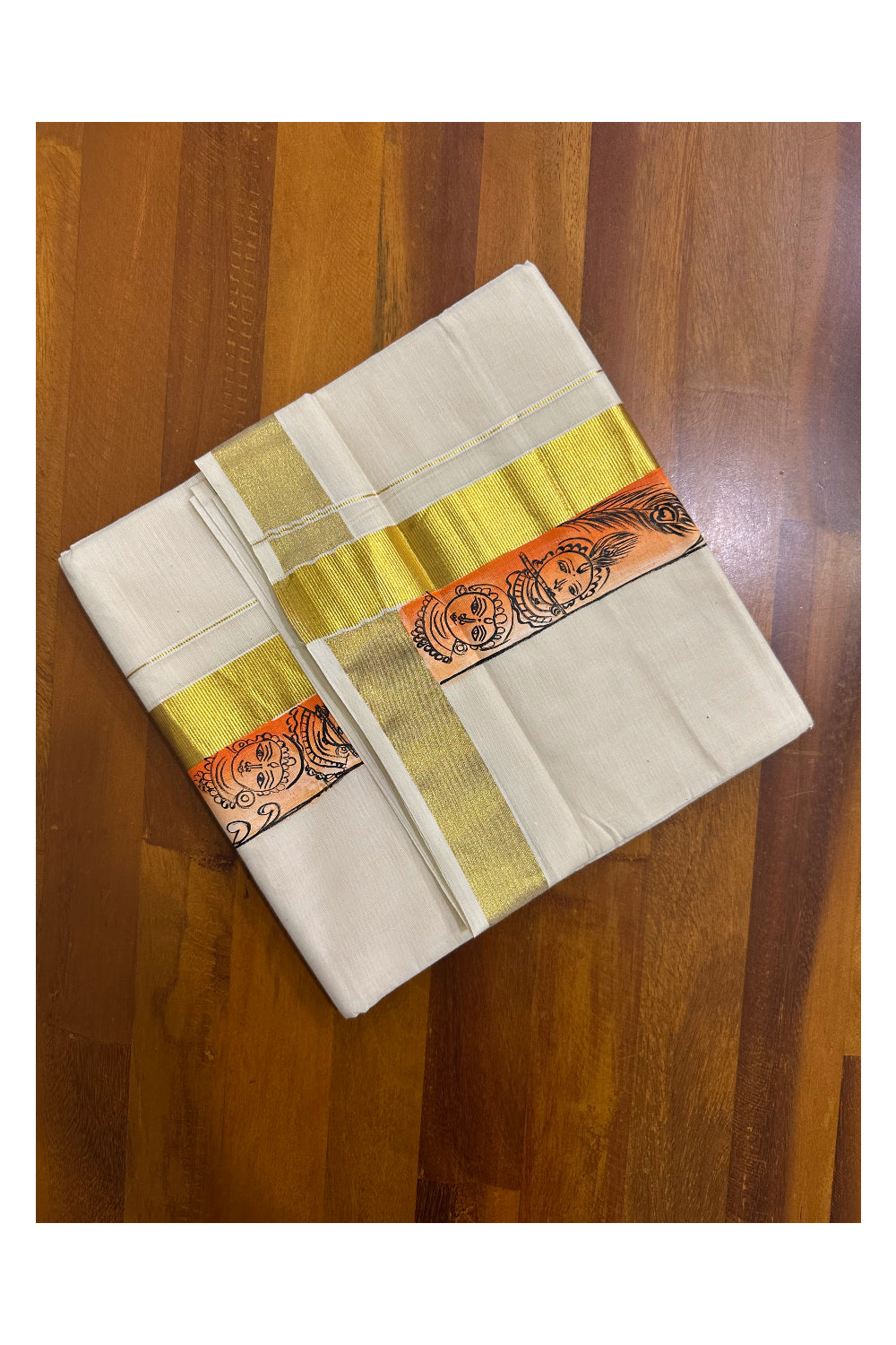 Kerala Pure Cotton Double Mundu with Hand Painted Designs on Kasavu Border(South Indian Kerala Dhoti)