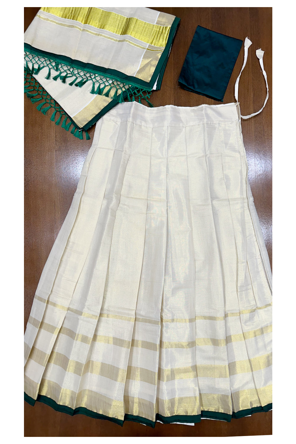 Southloom Semi Stitched Tissue Dhavani Set with Kasavu Lines Design Pavada and Green Blouse Piece