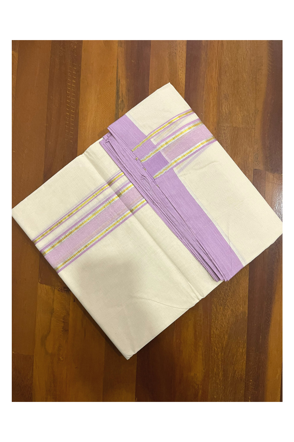 Pure Cotton 100x100 Double Mundu with Silver Golden Kasavu and Lavender Kara (Onam Mundu 2023)