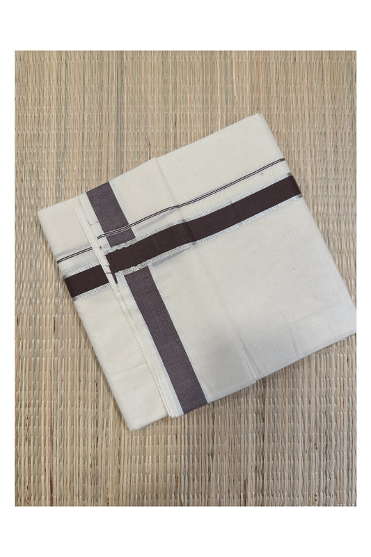 Off White Kerala Double Mundu with Silver Kasavu and Brown Kara (South Indian Kerala Dhoti)