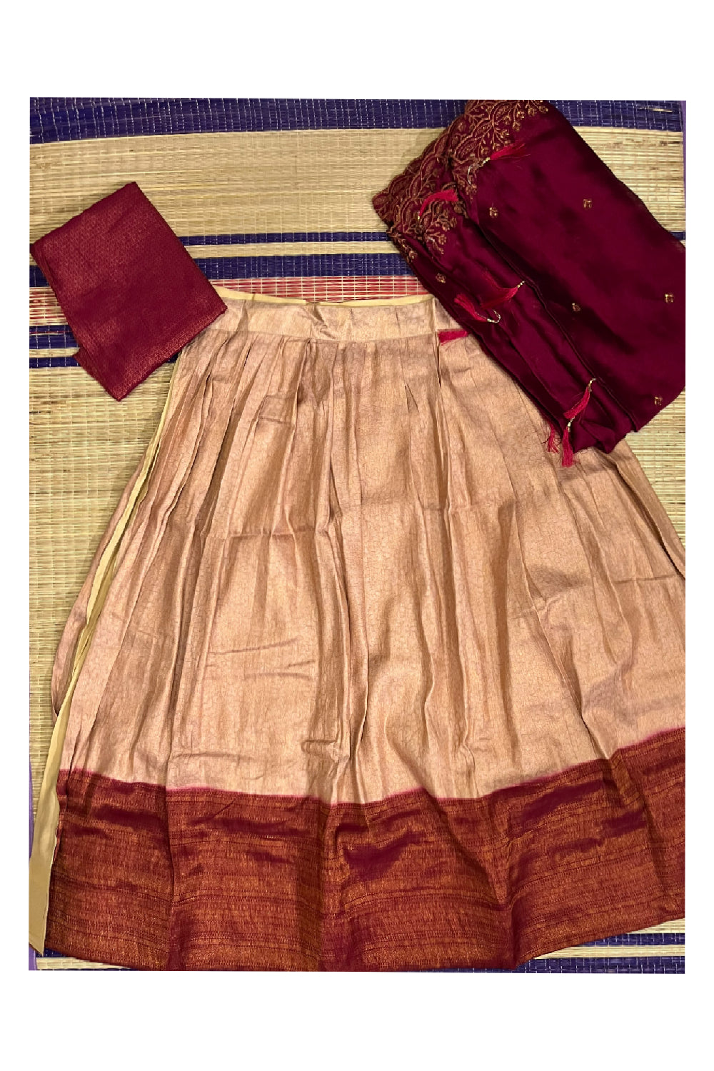 Semi Stitched Premium Semi SIlk Copper Dhavani Set with Maroon Neriyathu and Blouse Piece