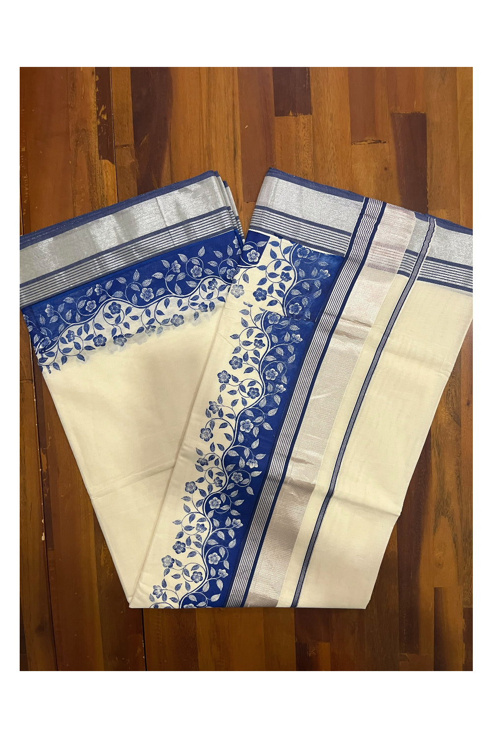 Kerala Cotton Saree with Blue Floral Block Prints and Silver Kasavu Border (Onam Saree 2023)