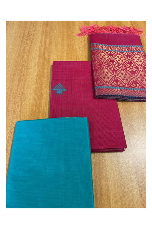 Southloom™ Original Handloom Cotton Pure Silk 3 Piece Green and Pink Salwar Material with Woven Zari Butta Work