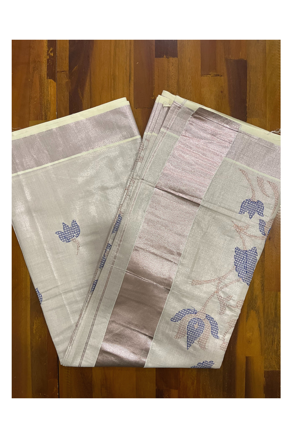 Kerala Rose Copper Tissue Kasavu Saree with Blue Embroidery Works on Body