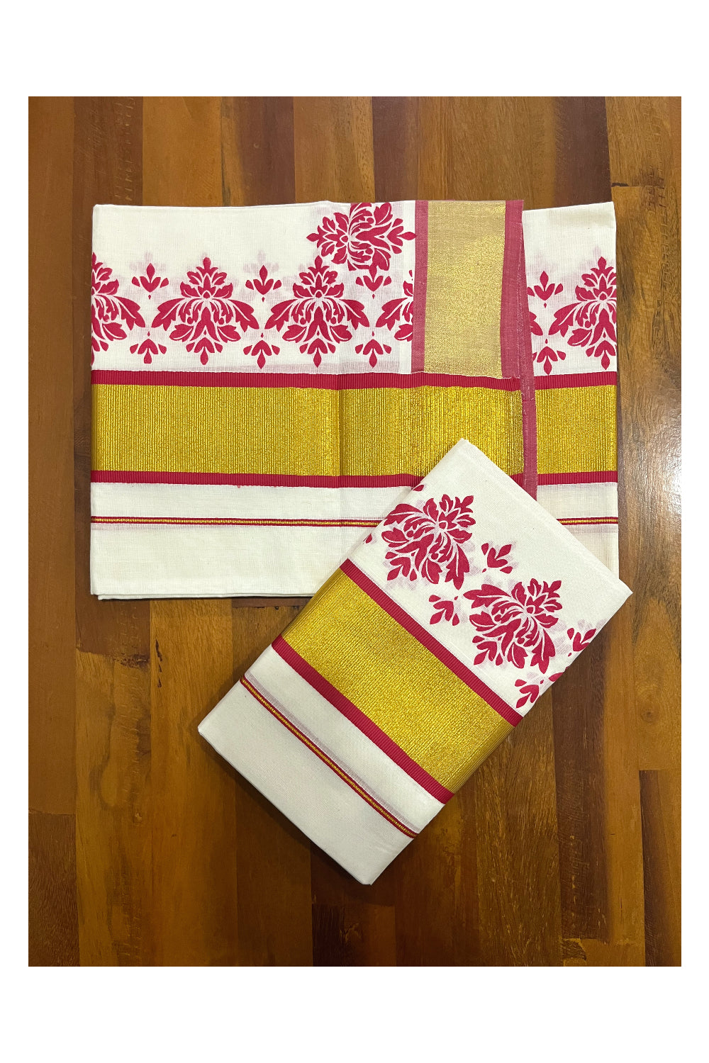 Pure Cotton Kerala Single Set Mundu (Mundum Neriyathum) with Red Block Printed Kasavu Border