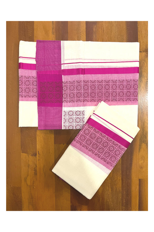 Southloom Pure Cotton Kerala Single Set Mundu with Magenta Block Prints (Onam Set Mundu 2023)