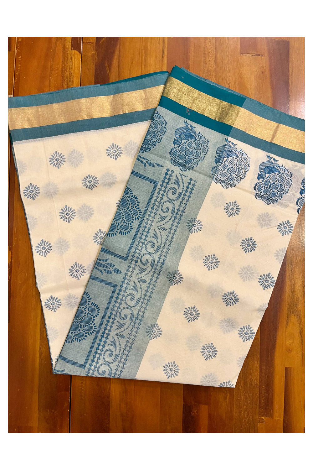 Pure Cotton Kerala Saree with Teal Blue Block Printns and Kasavu Border (Vishu 2024 Collection)