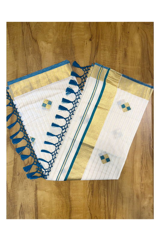 Kerala Cotton Kasavu Lines Saree with Peacock Green and Golden Diagonal Embroidery Work