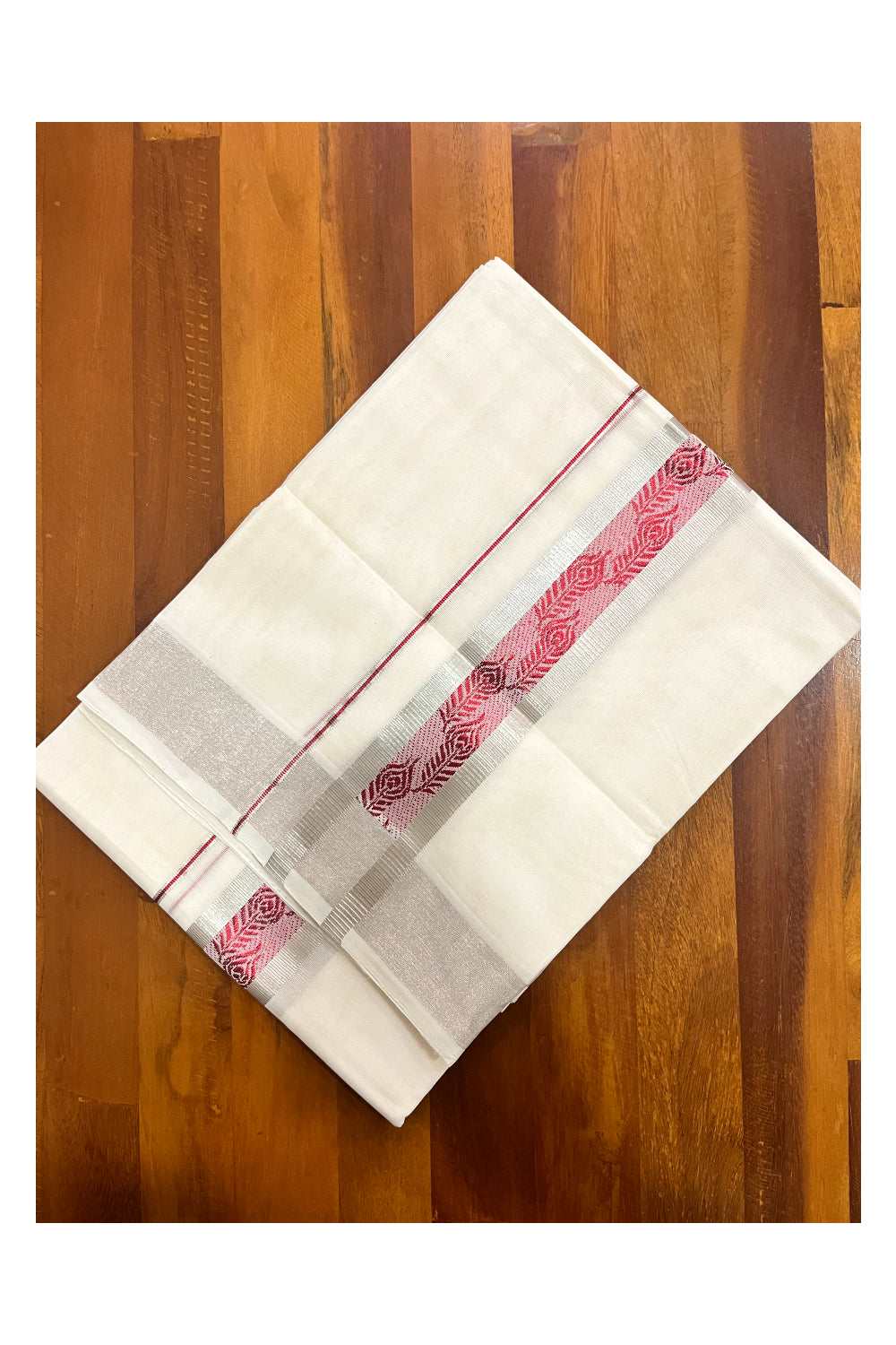 Southloom Premium Wedding Handloom Cotton Mundu with Maroon and Silver Kasavu Woven Border (South Indian Kerala Dhoti)