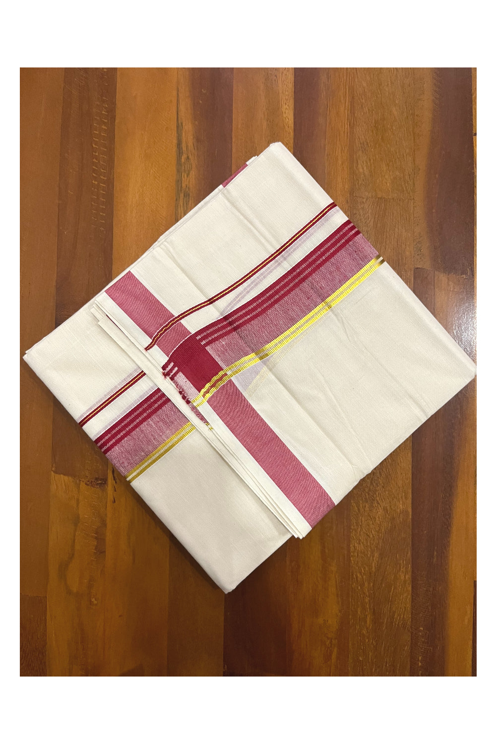 Pure Cotton Kerala Double Mundu with Maroon and Kasavu Kara (South Indian Kerala Dhoti)