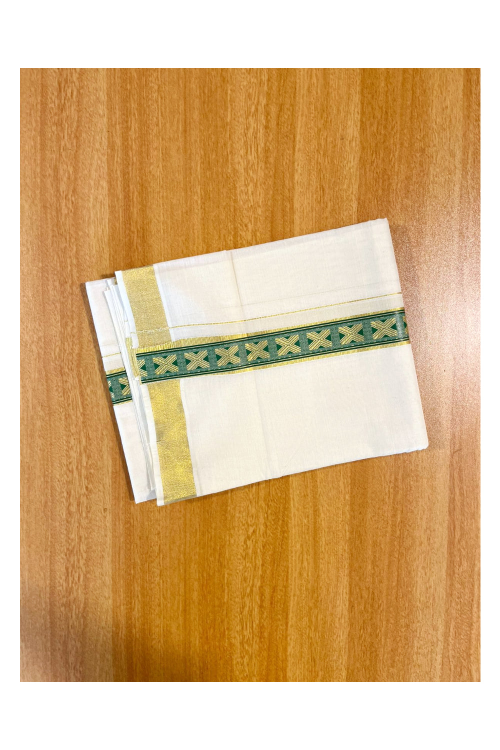 Southloom Kasavu Double Mundu with Green Prints Along Kasavu Kara