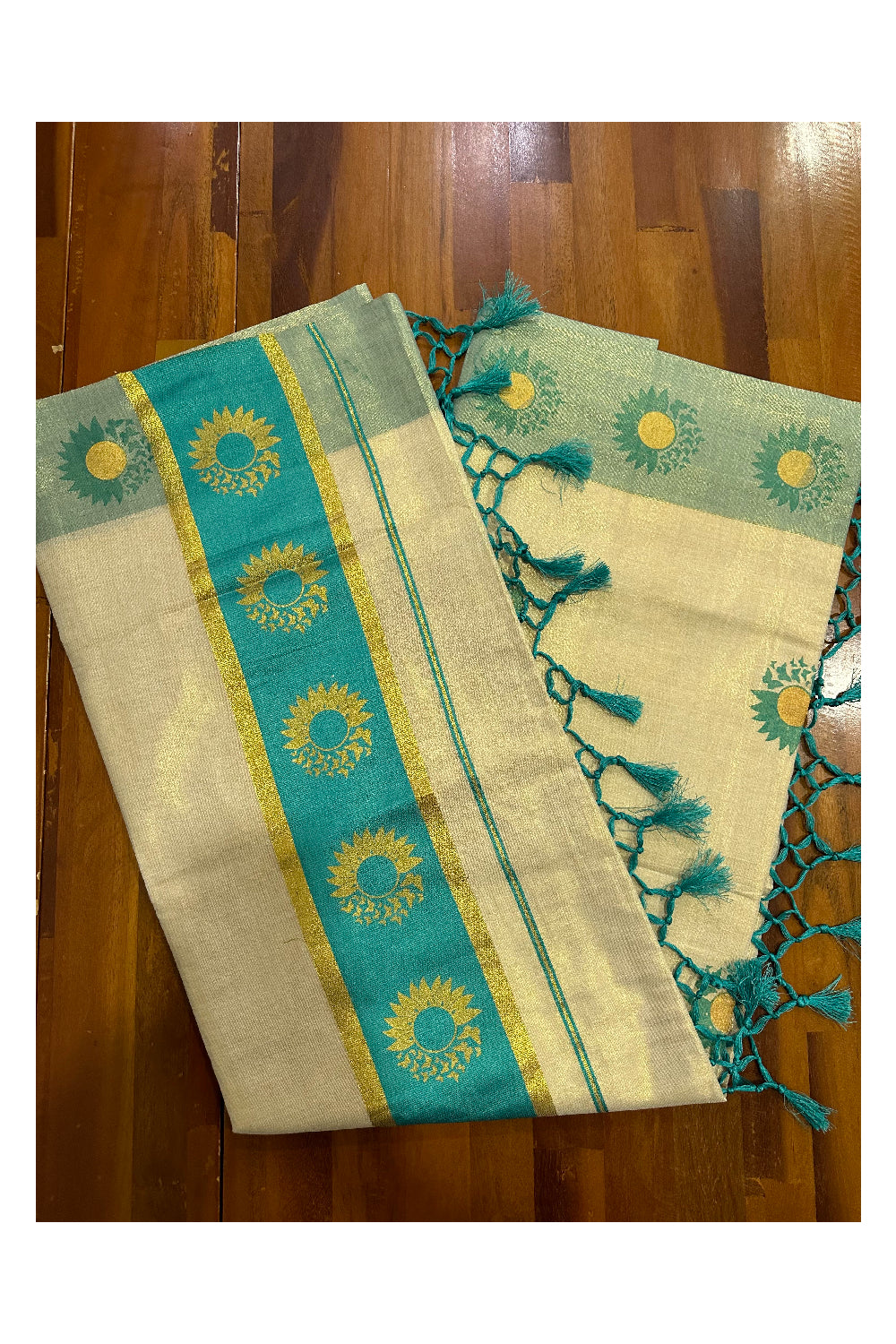 Kerala Tissue Kasavu Saree with Turquoise and Golden Block Prints on Border (Onam Saree 2023)