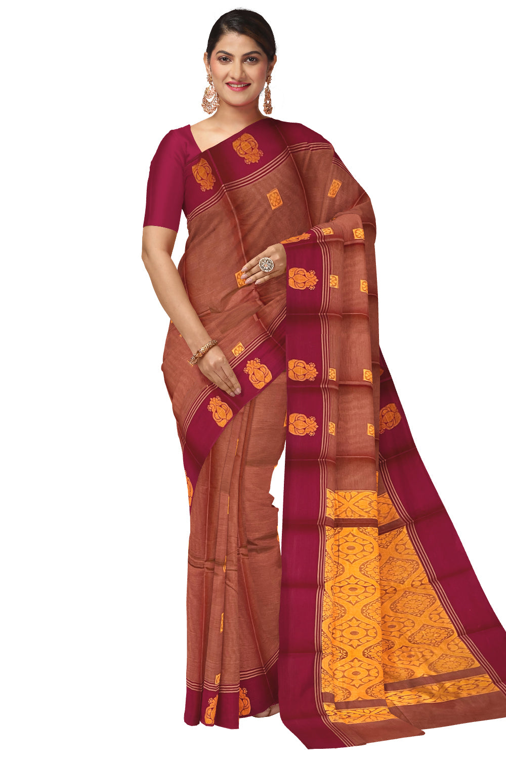 Southloom Cotton Brick Red Saree with Woven Butta Works on Body and Pallu