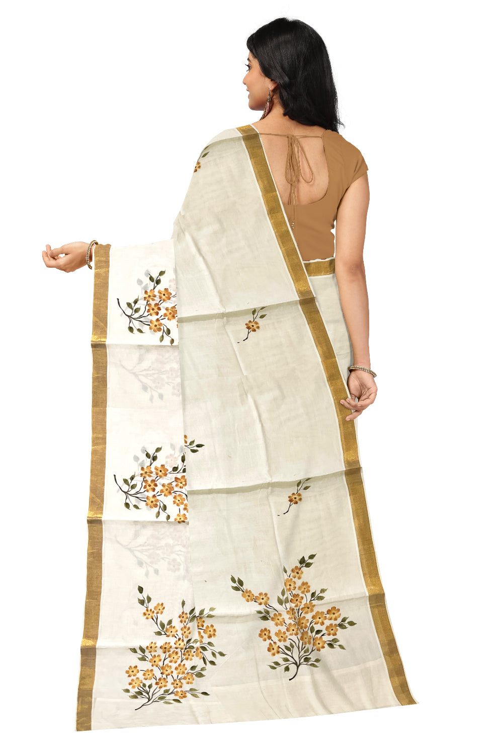 Kerala Cotton Kasavu Saree with Floral Painted Designs