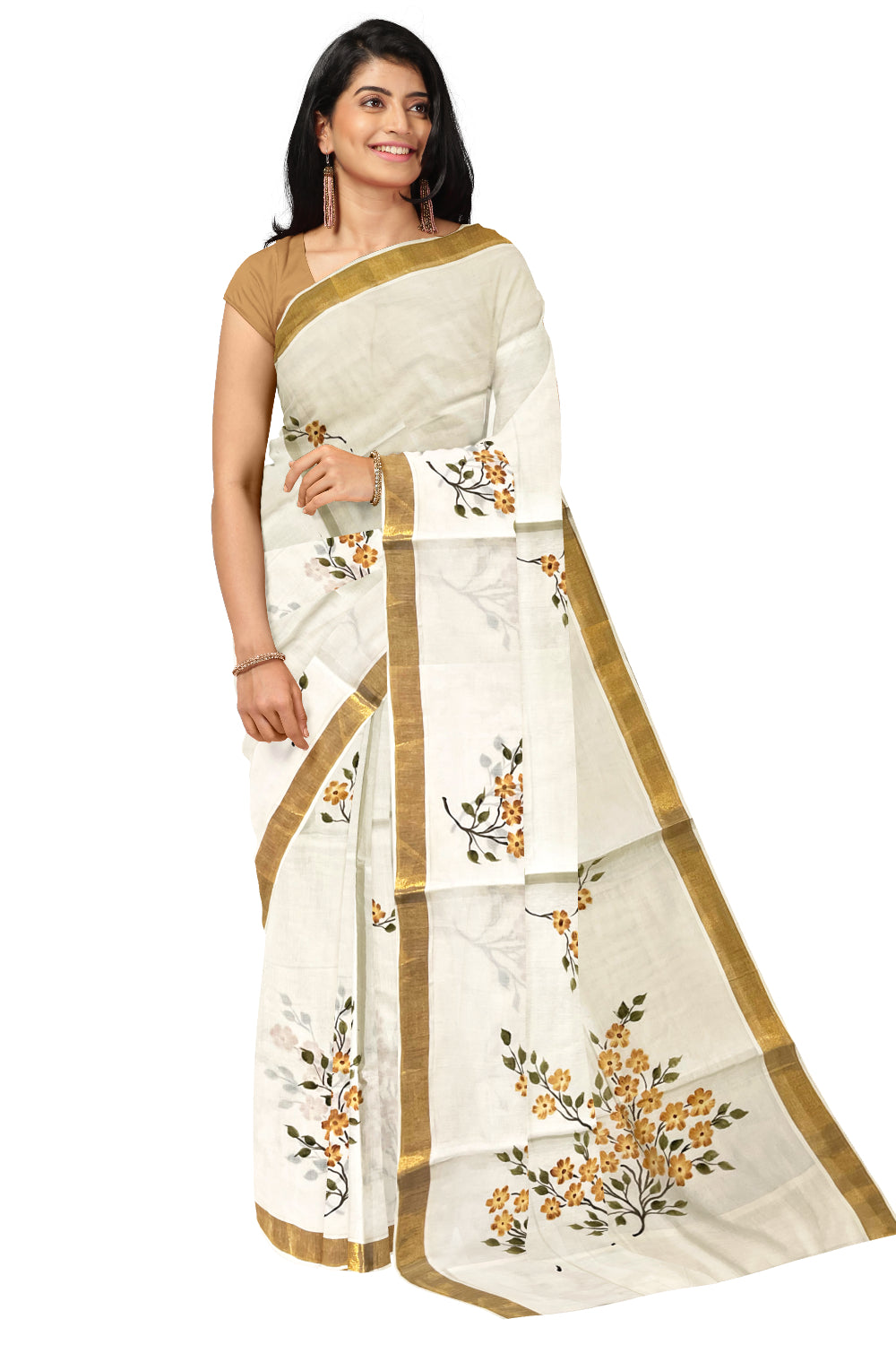 Kerala Cotton Kasavu Saree with Floral Painted Designs