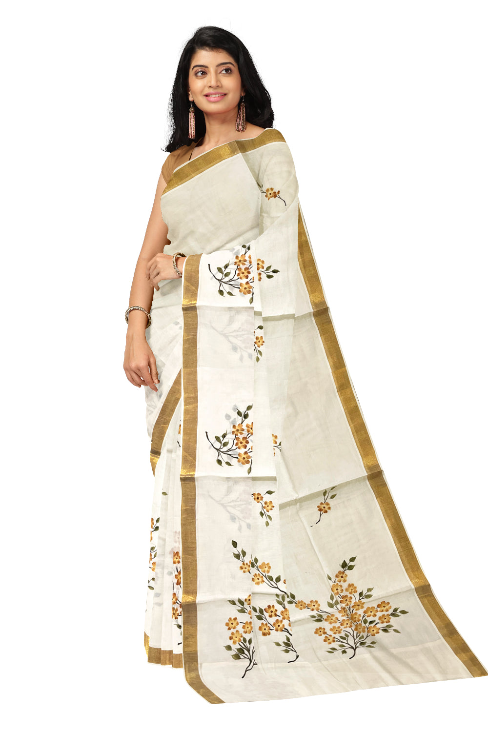 Kerala Cotton Kasavu Saree with Floral Painted Designs