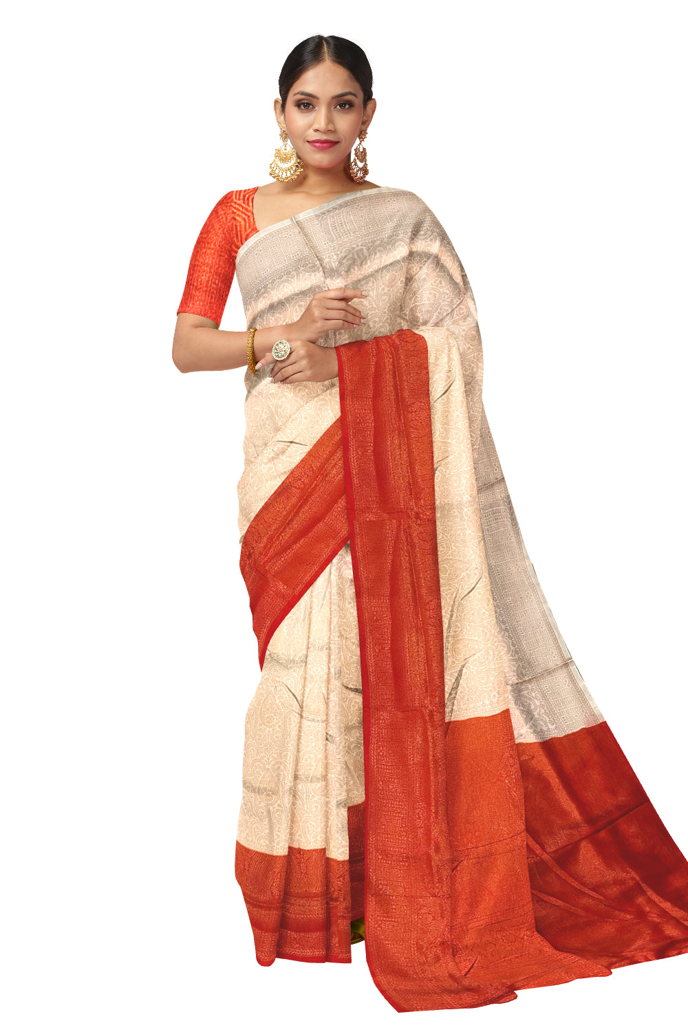 Southloom Soft Silk Beige Designer Saree with Orange Border