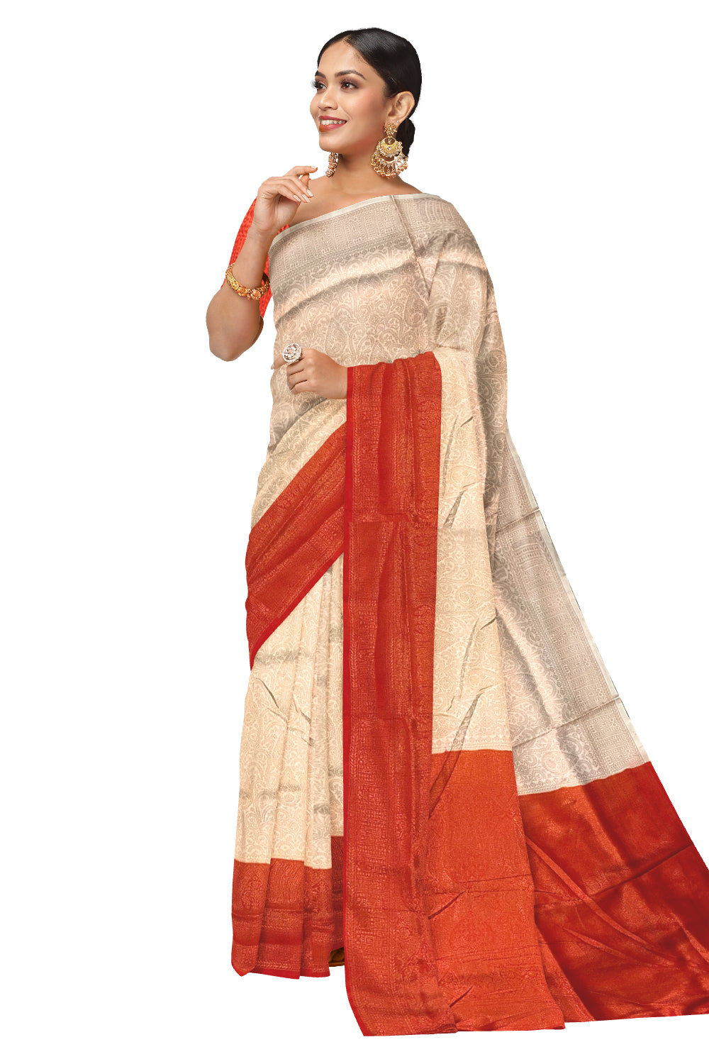 Southloom Soft Silk Beige Designer Saree with Orange Border