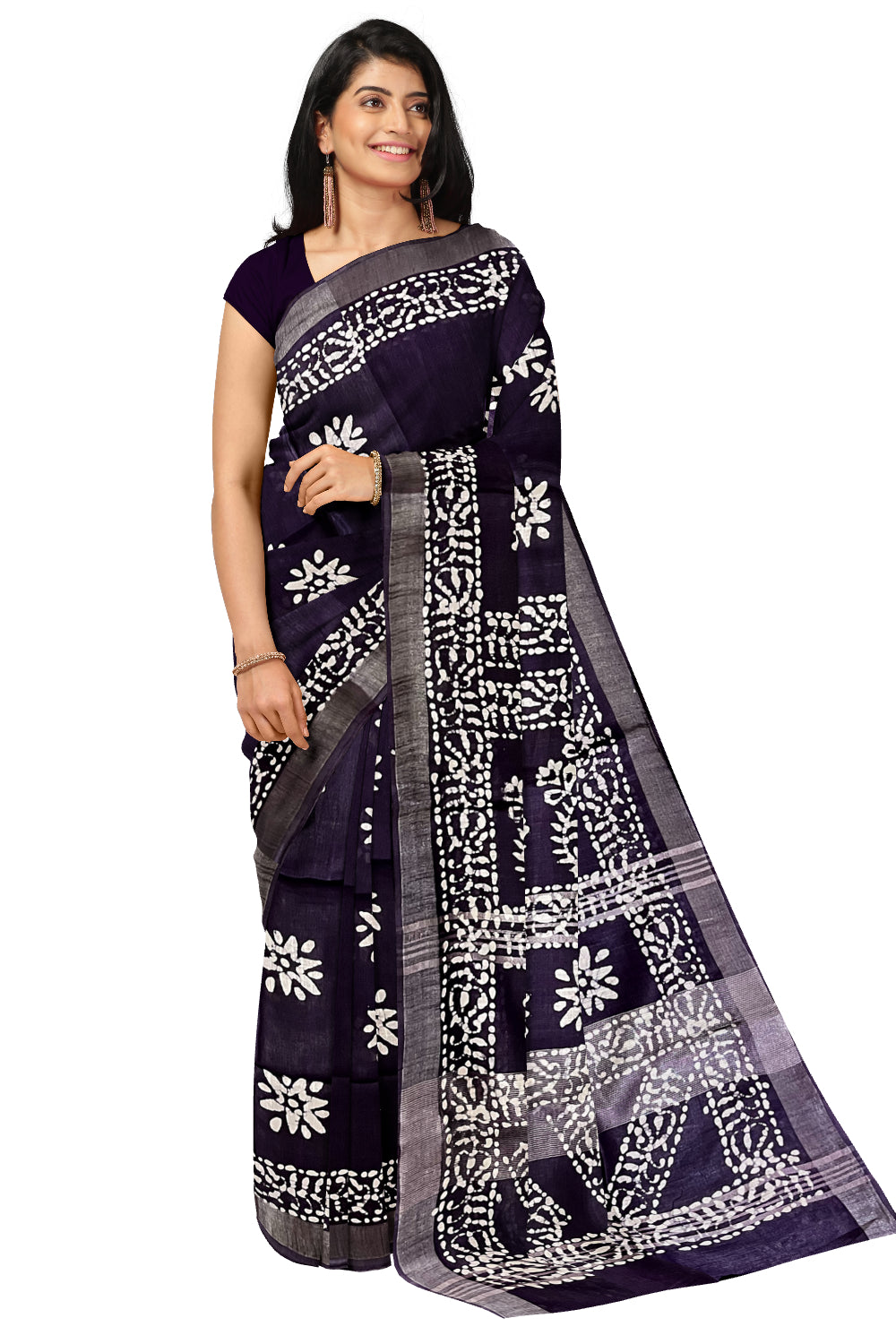 Southloom Cotton Dark Purple Saree with Baswara Prints on Body and Pallu