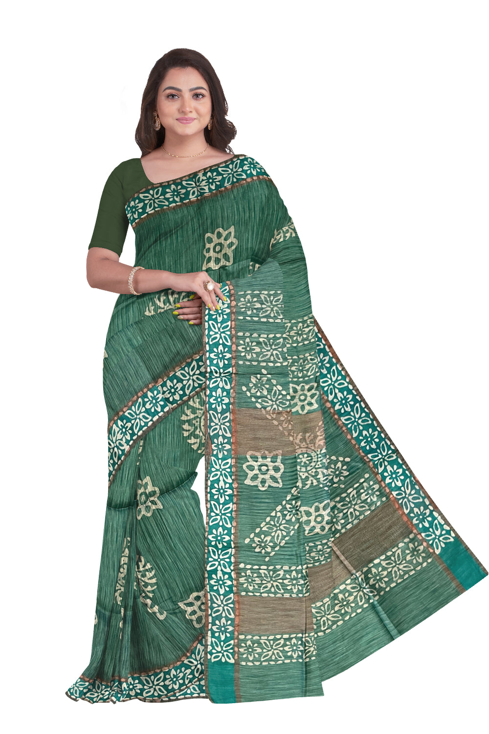 Southloom Cotton Green Saree with Baswara Prints on Body and Pallu