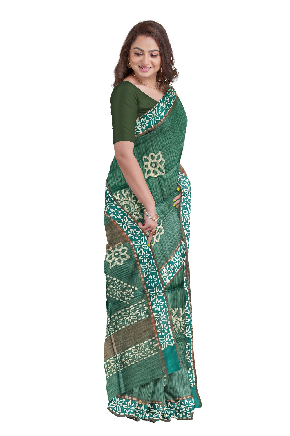 Southloom Cotton Green Saree with Baswara Prints on Body and Pallu