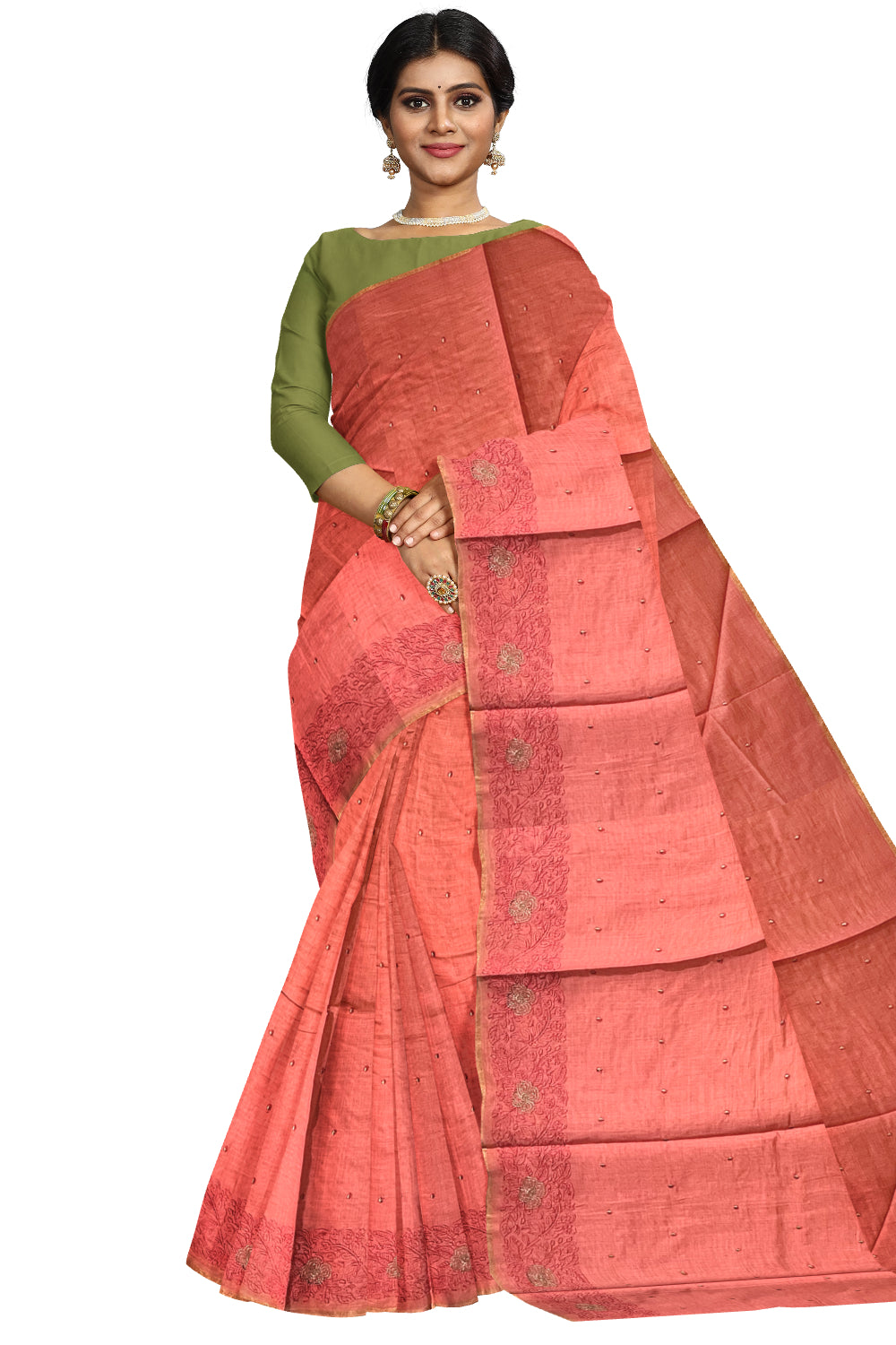 Southloom Cotton Peach Saree with Embroidered Border