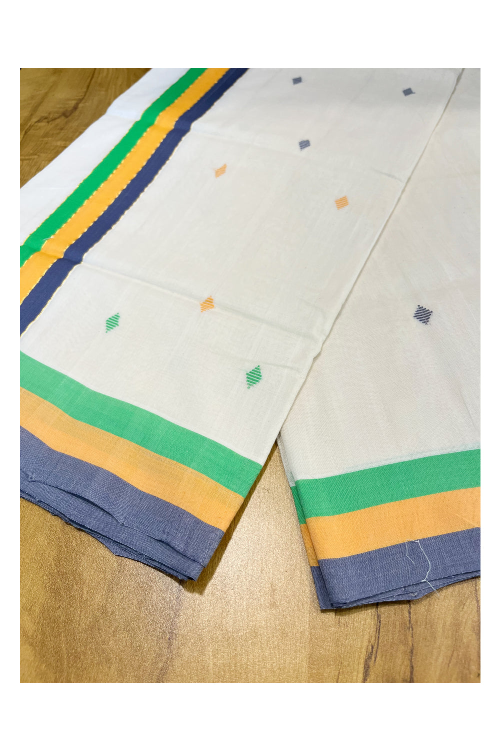 Southloom Premium Balaramapuram Unakkupaavu Handloom Cotton Butta Saree with Grey,Orange,Green and Kasavu Border