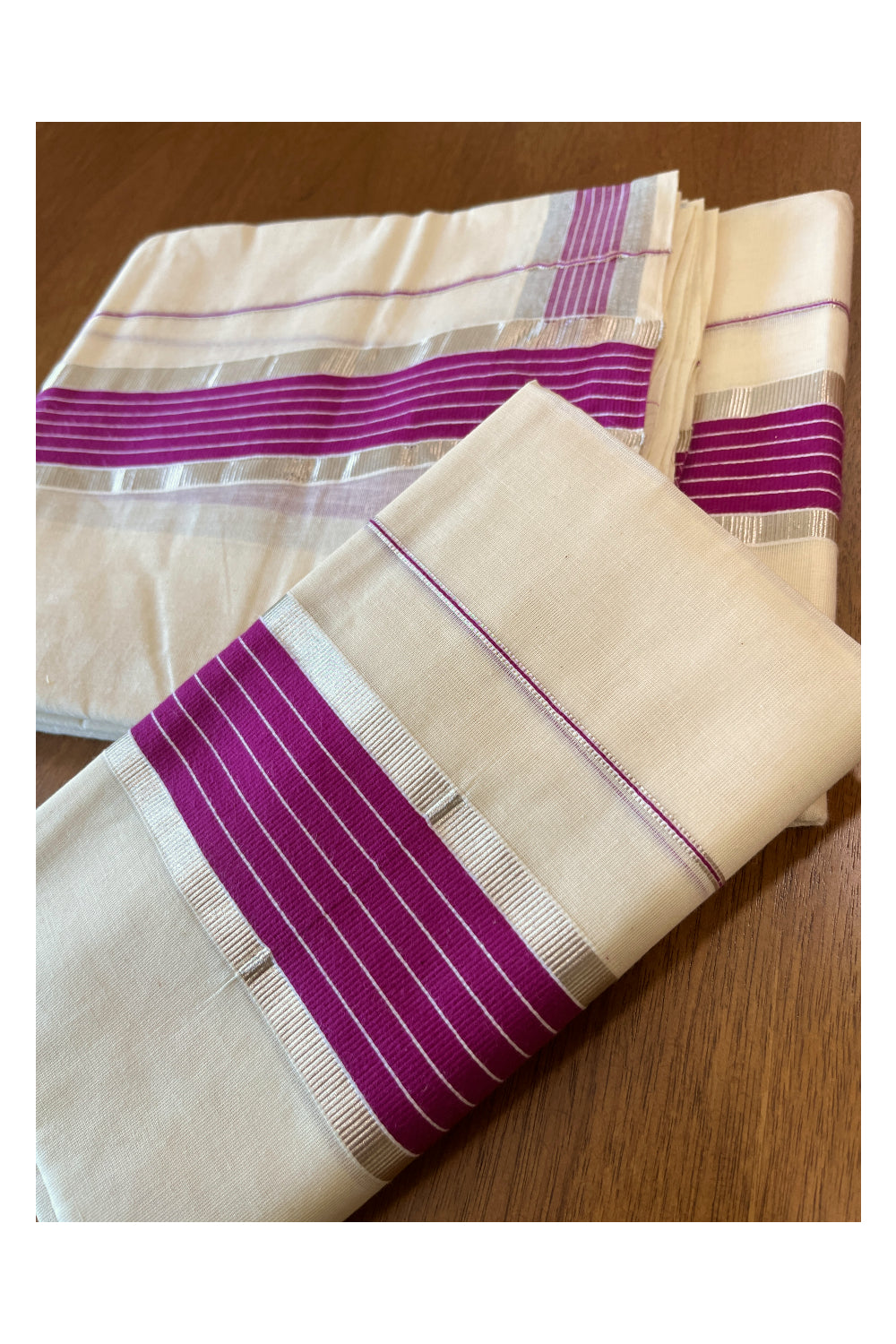 Cotton Mundum Neriyathum Double (Set Mundu) with Magenta and Silver Kasavu Border