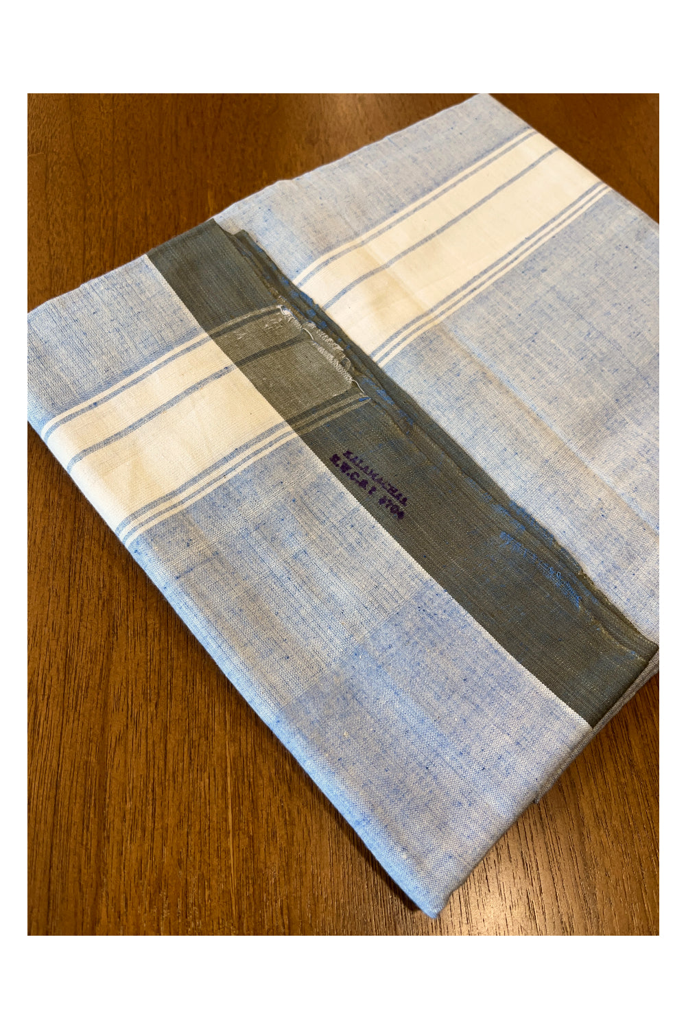 Southloom Premium Handloom Blue Shaded Solid Single Mundu (Lungi) with White Border