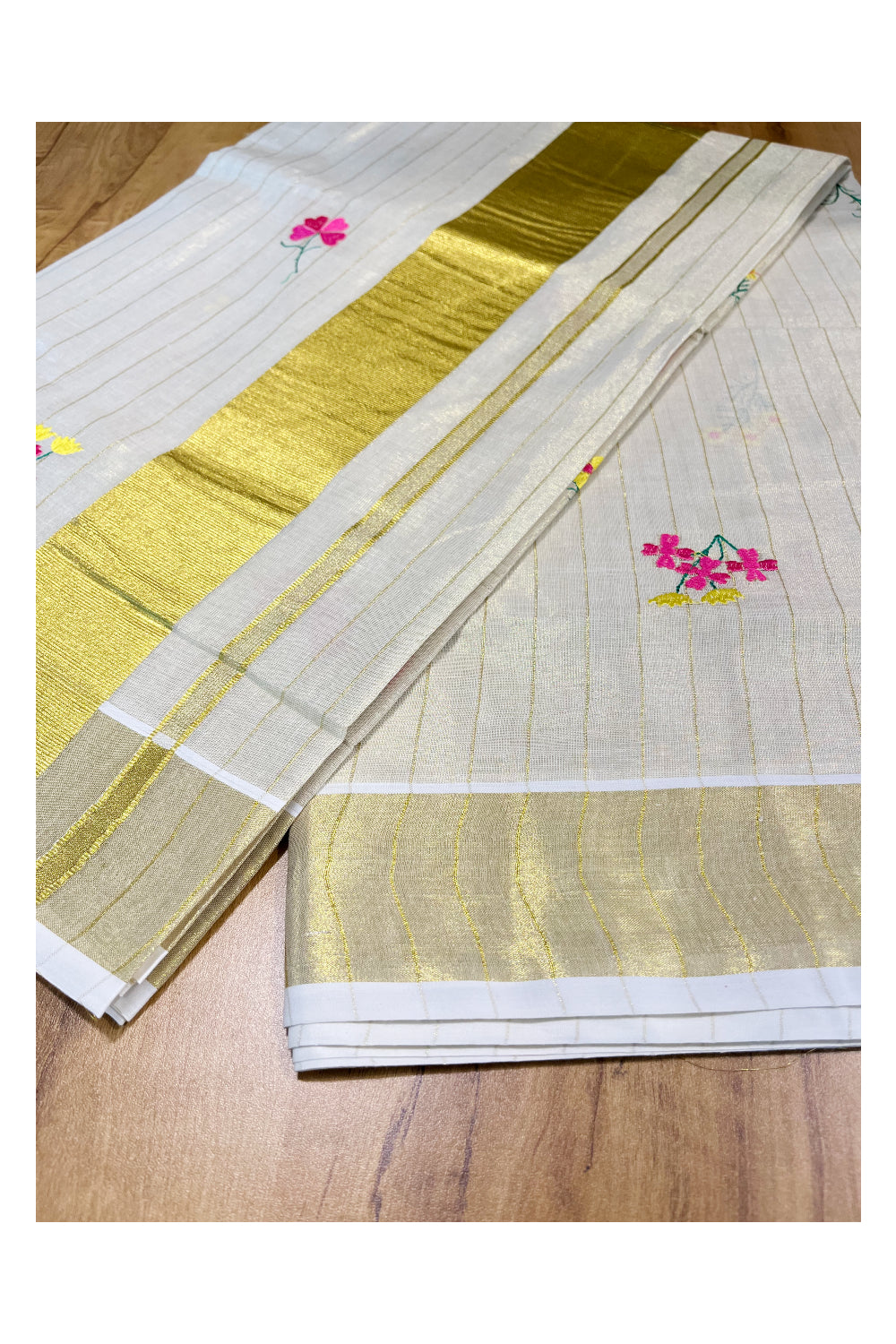 Kerala Tissue Kasavu Lines Saree with Pink Flower Floral Embroidery Works