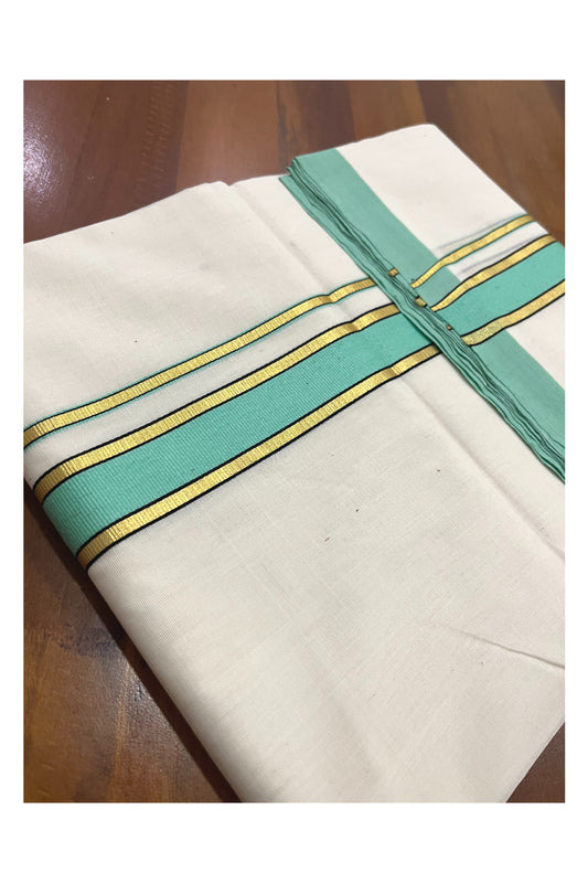 Southloom Premium Balaramapuram Unakkupaavu Handloom Mundu with Light Green and Kasavu Border (South Indian Kerala Dhoti)