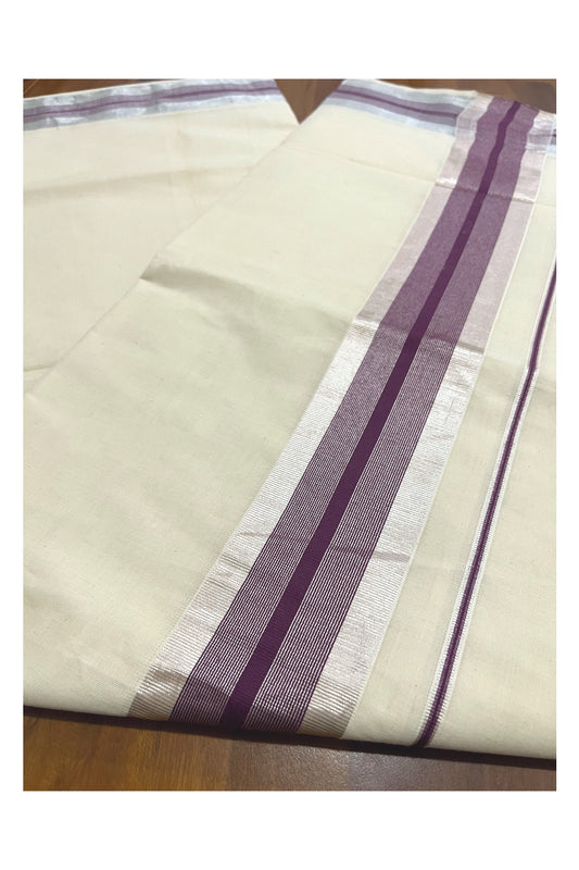 Pure Cotton Kerala Saree with Silver Kasavu and Purple Border (Onam 2023 Saree)