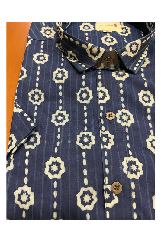 Southloom Jaipur Cotton Indigo Blue White Hand Block Printed Shirt (Half Sleeves)