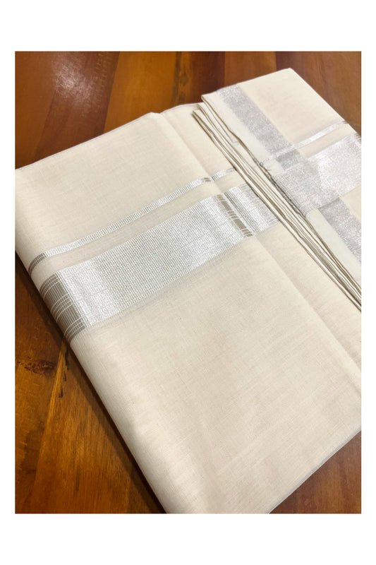 Premium Balaramapuram Handloom Pure Cotton Double Mundu with Silver Kasavu Border (Vishu 2024 Collection)