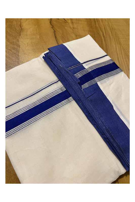 Pure Cotton Off White Double Mundu with Silver Kasavu and Blue Border (South Indian Kerala Dhoti)