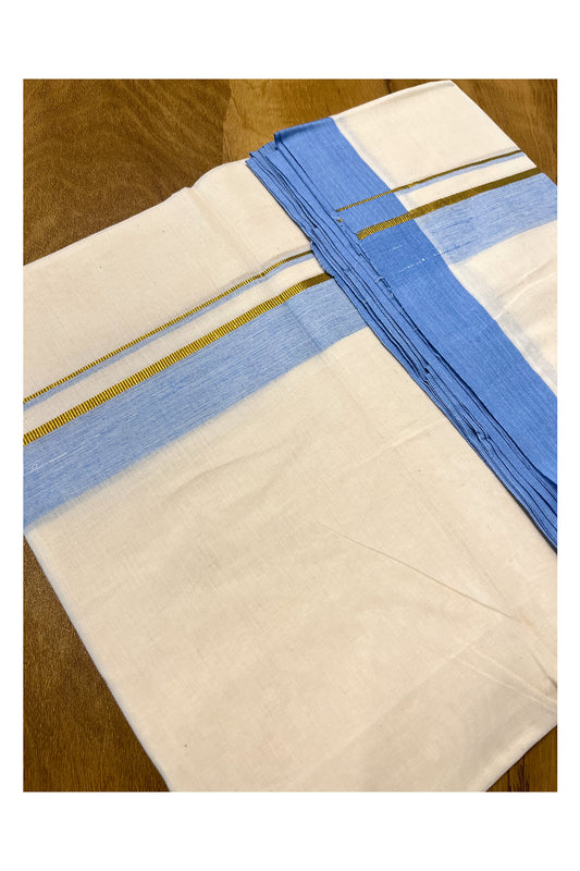 Pure Cotton Off White Kerala Double Mundu with Light Blue and Kasavu Border (South Indian Dhoti)