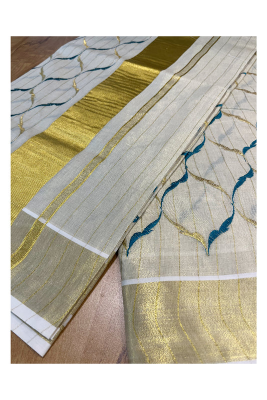 Southloom Kerala Tissue Kasavu Lines Saree with Peacock Green and Golden Floral Embroidery Designs