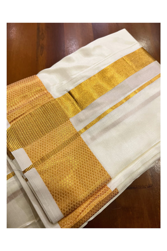 Southloom Handloom Pure Silk Off White Wedding 1.5 inch Kasavu Dhoti with Shawl / Vesthi with Thundu / Mundu with Melmundu for Groom (8+4)