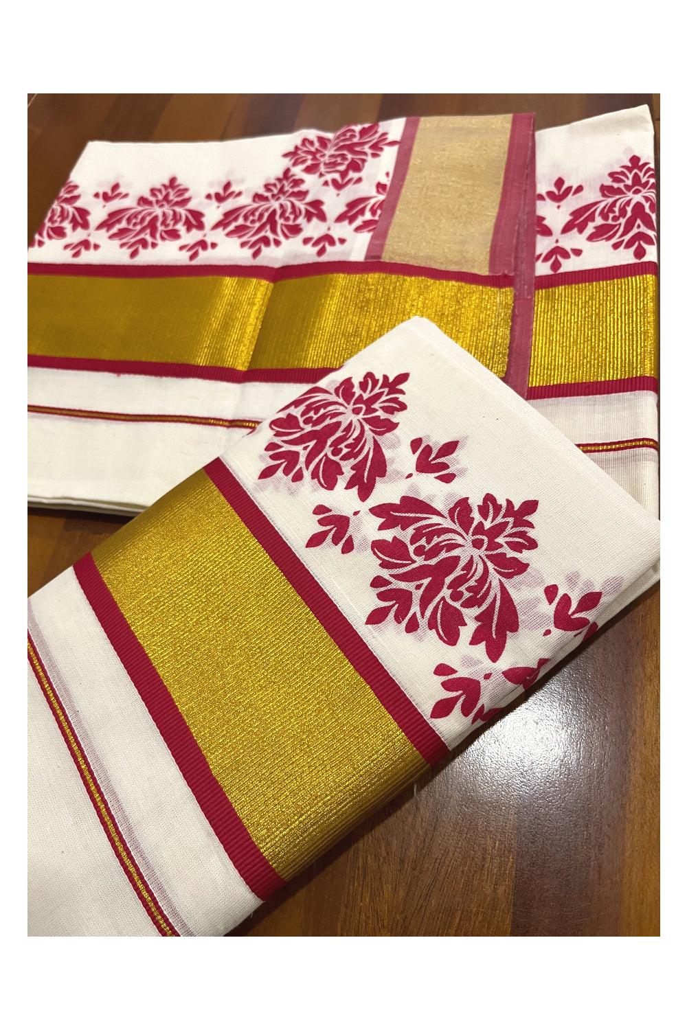 Pure Cotton Kerala Single Set Mundu (Mundum Neriyathum) with Red Block Printed Kasavu Border