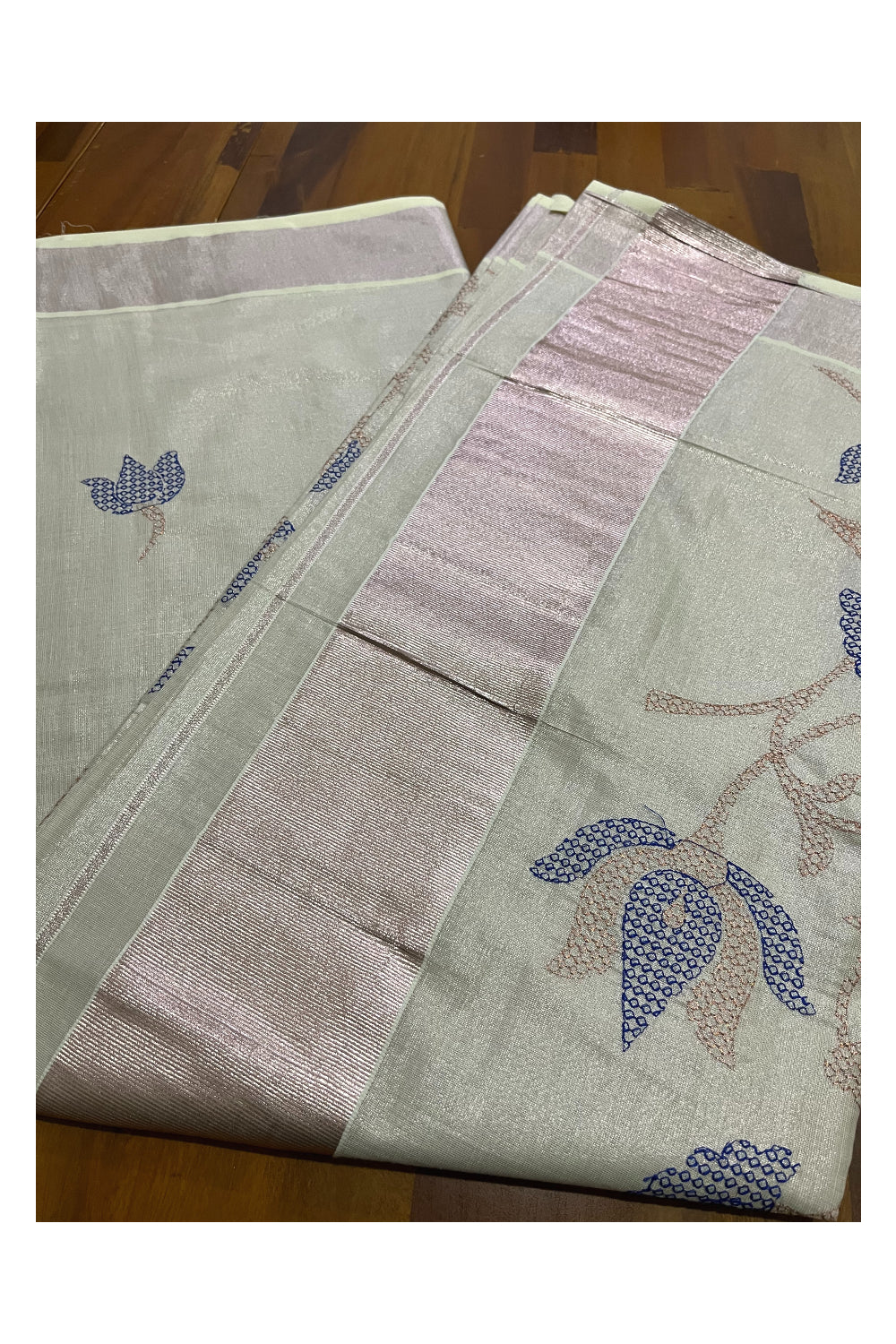 Kerala Rose Copper Tissue Kasavu Saree with Blue Embroidery Works on Body