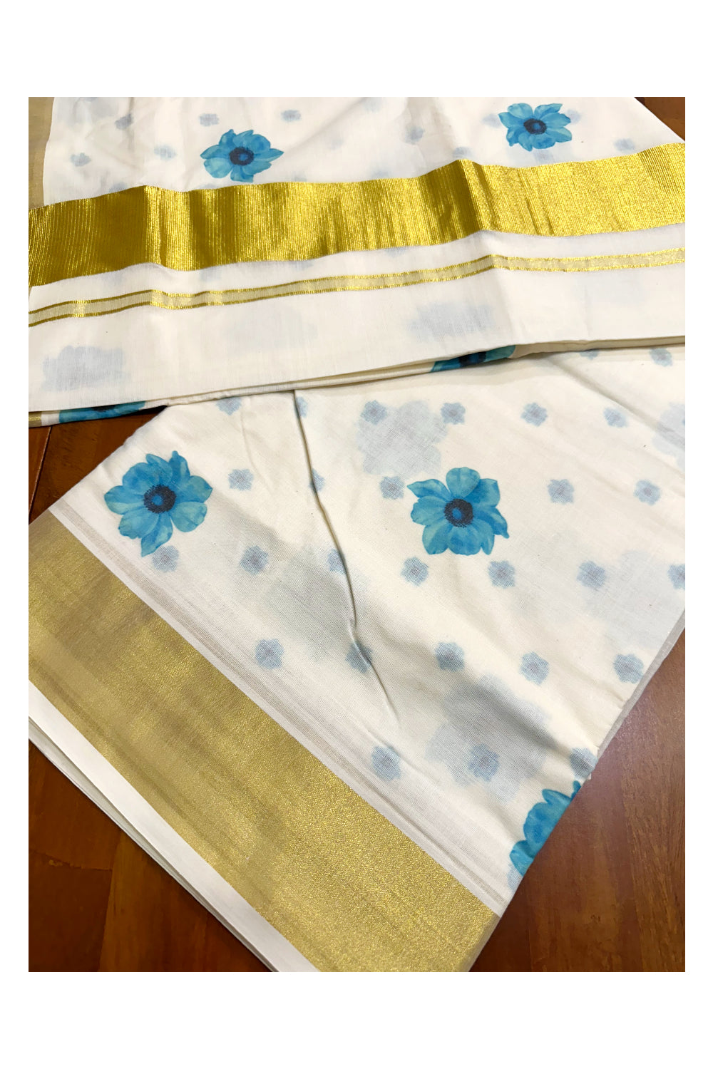 Southloom Exclusive Onam Kasavu Saree with Small Blue Floral High Quality Digital Print Across Body (Matching Printed Blouse Included)