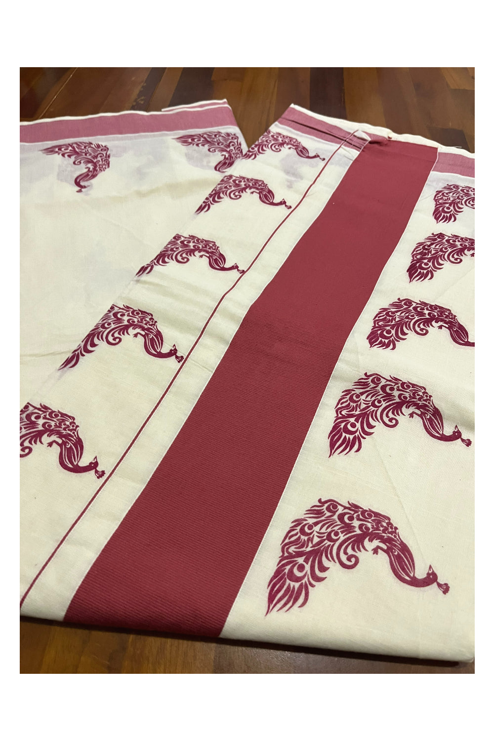 Pure Cotton Kerala Saree with Brick Red Peacock Block Printed Border (Onam Saree 2023)