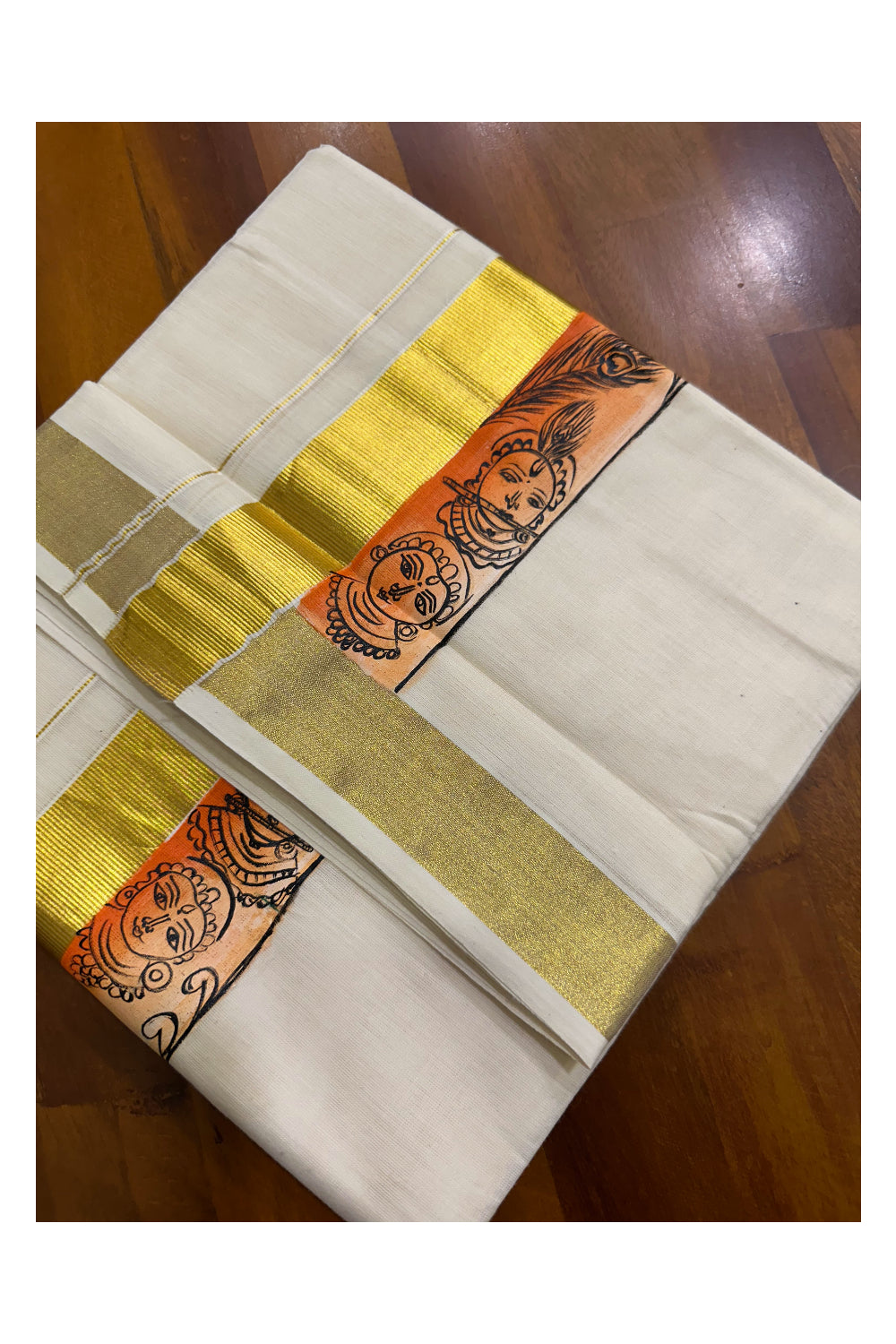 Kerala Pure Cotton Double Mundu with Hand Painted Designs on Kasavu Border(South Indian Kerala Dhoti)