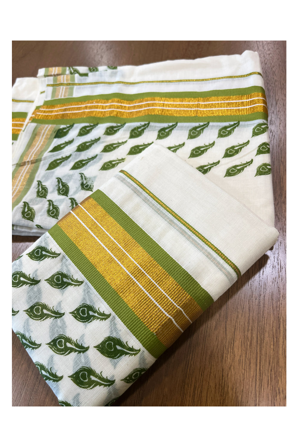 Cotton Single Set Mundu (Mundu Neriyathum) with Green Feather Block Prints and Kasavu Border