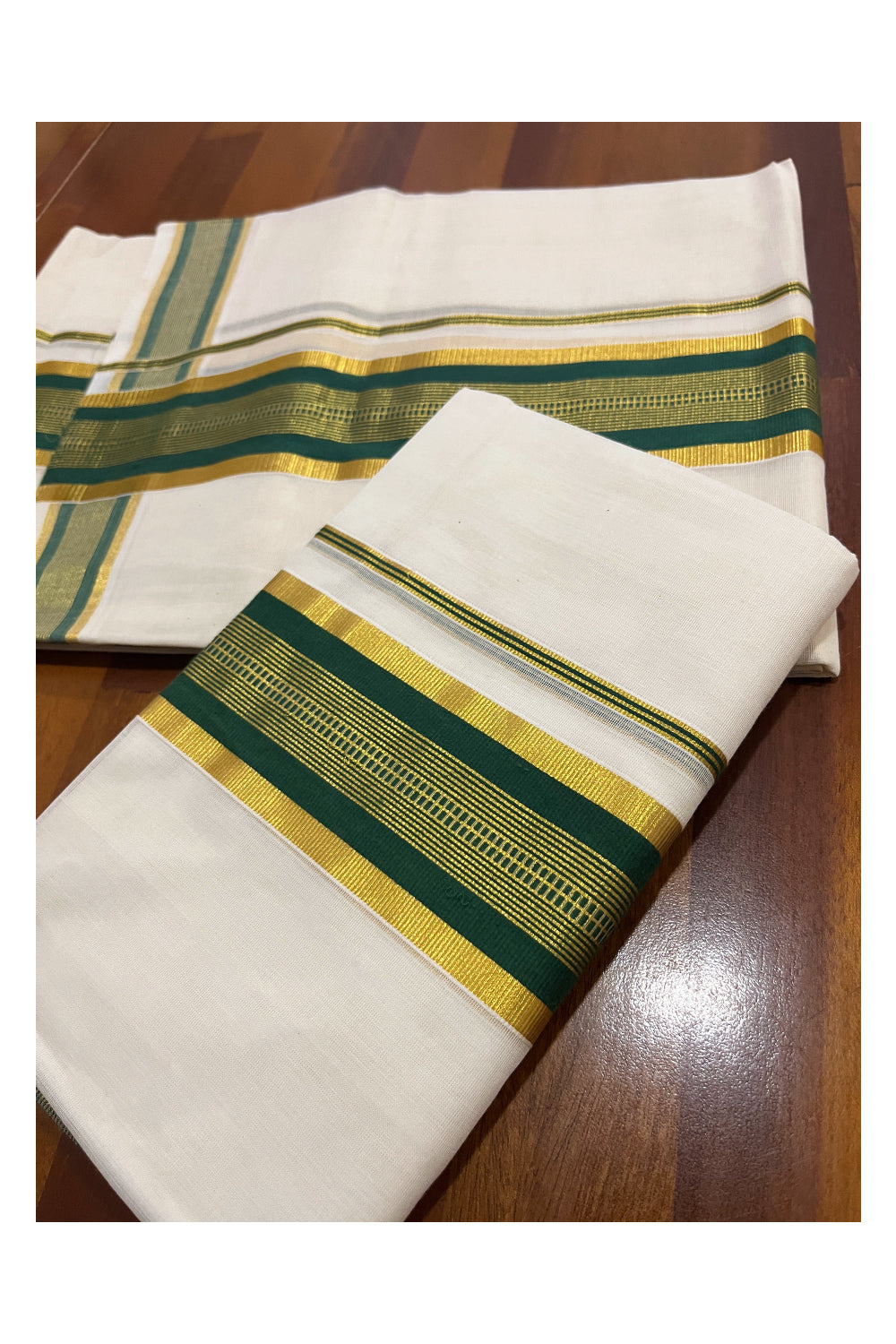 Southloom Premium Handloom Set Mundu with Kasavu and Green Border 2.80 Mtrs