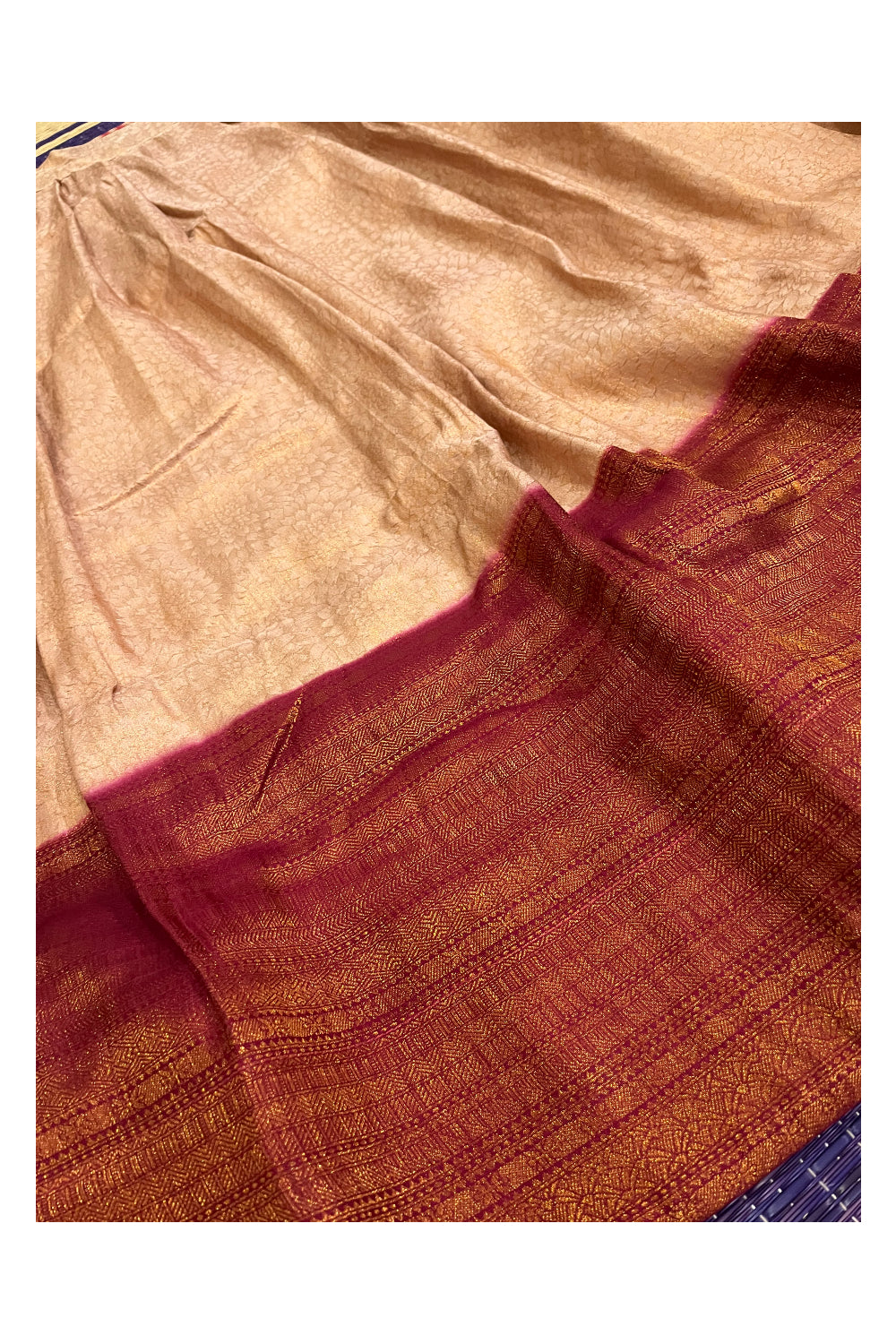 Semi Stitched Premium Semi SIlk Copper Dhavani Set with Maroon Neriyathu and Blouse Piece