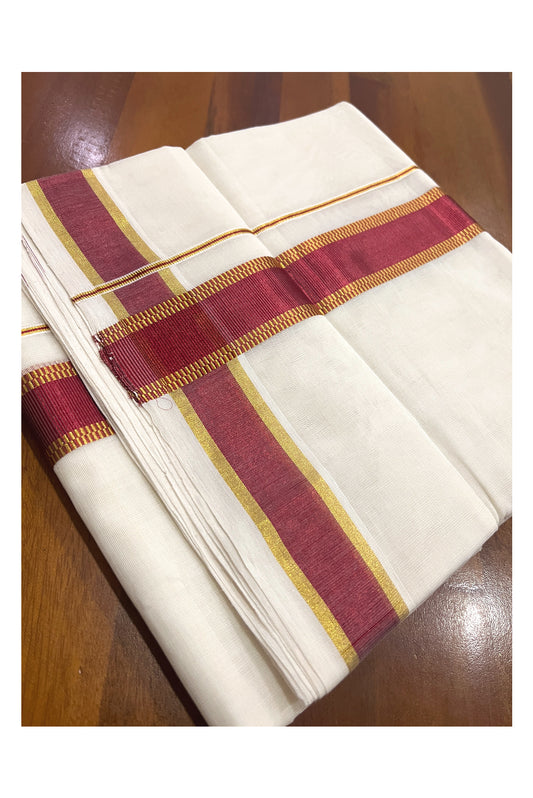 Southloom Premium Handloom Cotton Double Mundu with Golden and Maroon Kasavu Design Border (South Indian Kerala Dhoti)