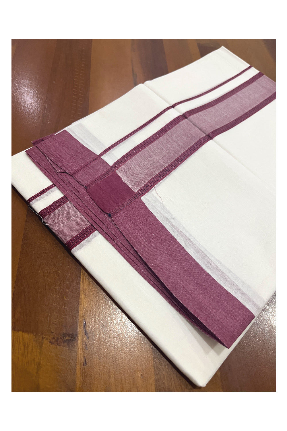 Pure White Cotton Double Mundu with Maroon Border (South Indian Kerala Dhoti)