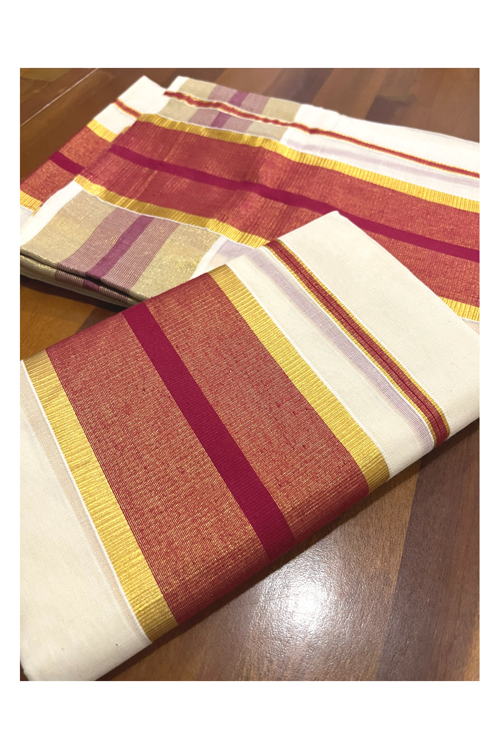 Pure Cotton Kerala Onam 2023 Set Mundu (Mundum Neriyathum) Single with Maroon and Kasavu Border 2.80 Mtrs